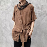Wiaofellas  -  Vintage Men Dark Style  Out Short Sleeve Shirt Vintage Lace Up Design Style Casual Tops Streetwear Retro Cleanfit Fashion Trend