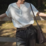 WIAOFELLAS  -  New Fashion American Style Men T-shirt Luxury Striped Knitted Henry Collar Tees Casual Solid Color Short Sleeve Breathable Tops