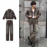 WIAOFELLAS  -  Autumn and winter Maillard style retro heavy washing and old versatile denim jacket couple set
