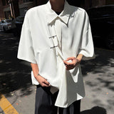 WIAOFELLAS  -  Chinese Style Ice Silk Short Sleeved Shirts Men's Metal Buckle Solid Color Lapel Oblique Placket Male Loose Cloth