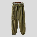 WIAOFELLAS  -  Men Pants Solid Color Lace Up Joggers Casual Cargo Pants Men Streetwear Loose Pockets Fashion Leisure Male Long Trousers