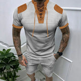 WIAOFELLAS  -  Summer American Retro Loose Casual Men's Wear Suit Elegant Fashion Handsome Splicing V Neck Tie Short Sleeve Shorts Chic Tops