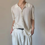 WIAOFELLAS  -  Fashion Men's Knit Hollow Out Texture Solid Color Shirts Trendy Single-breasted Lapel Casual Tops Male Summer