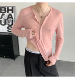 WIAOFELLAS  -  Emerald green deep v-neck perspective long-sleeved T-shirt men's ascetic slim tulle blouse lazy inner Henry collar top