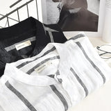 Wiaofellas  -  Literature and Art Retro Stripe Linen Short Sleeve Shirt Men's Loose Stand Collar Linen Shirt