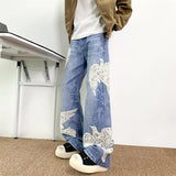WIAOFELLAS  -  Autumn Men's Dove Of Peace Appliques Embroidered Jeans New Y2K Vintage Straight Baggy Denim Pants Washed Streetwear Blue Jean
