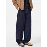 Wiaofellas  -  Men Raw Dark Wash Baggy Jeans Contrast Stitch Wide Leg Curved Cut Denim Pants Vintage Straight Loose Casual Street Trousers