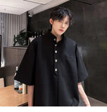 WIAOFELLAS  -  Fashion Men's Solid Color Button American Style T-shirt Trendy Stand Colar Short Sleeves Casual Top Male 2025 Summer