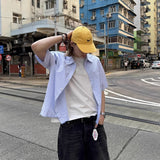 Wiaofellas  -  Loose Casual Blue Striped Short Sleeve Men's Shirt Youth Trendy Brand Breathable Machine Washable Polyester Spring Summer Top