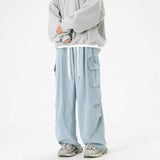 Wiaofellas  -  Men Vintage Washed Cargo Jeans Drawstring Waist Big Side Pocket Loose Wide Leg Denim Pants Y2K Streetwear Baggy Work Trousers