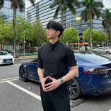 WIAOFELLAS  -  Summer New Stand Collar Fashion Half Sleeve Shirt Man High Street Casual Slim Button Cardigan Solid Color Office All-match Tops