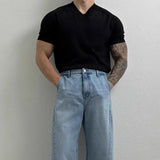 Wiaofellas  -  Summer New Men's Solid Color V-Neck T-Shirt American Retro Fashion Trend Simple Casual Loose Breathable Niche Men's Tops