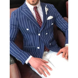 Wiaofellas  -  Stripe Peak Lapel Suits For Business Men 2 Piece Slim Fit Wedding Groom Tuxedo Double Breasted Fashion Blazer ( Jacket+Pants )