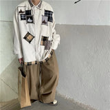Wiaofellas  -  Men New Chinese Style Pure Cotton Printed Lapel Single-breasted Shirt Long-sleeved Trendy Loose and Versatile Shirt White
