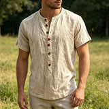 Wiaofellas  -  Retro Solid Color Mens Linen Tops Summer Casual Short Sleeve Button-up Henley Neck T Shirts For Men Daily Leisure Loose Pullover