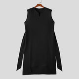 Wiaofellas  -  Men's Irregular Shirt Solid V Neck Sleeveless Long Style Shirts For Man Streetwear Fashion Men Clothes With Belt