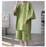 WIAOFELLAS  -  Fashion Men's Suit Solid Color Letter Print O-neck T-shirt Trendy Drawstring High-waisted Shorts Set Male Summer