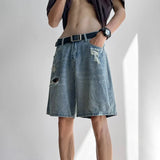 WIAOFELLAS  -  Fashion Men's Gradient Hole Wash Denim Straight Shorts New Vintage Casual Loose Wide Leg Short Pants Male Summer