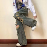 WIAOFELLAS  -  Spring Summer Men's Wear Casual Jeans Men New Korean Fashion Personalized Straight Tube Hole Male Trousers Vintage Wide Leg