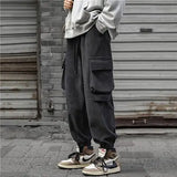 WIAOFELLAS  -  Men's Clothing Spring Autumn Solid Color Elastic High Waisted Pockets Fashionable Casual Trousers Bloomers Cargo Cropped Pants