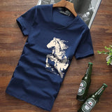 Wiaofellas  -  Men's V-neck Cotton T-shirt Chinese Style Horse Print Short Sleeve Slim Fit Casual Summer Tee