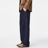 Wiaofellas  -  Men Raw Dark Wash Baggy Jeans Contrast Stitch Wide Leg Curved Cut Denim Pants Vintage Straight Loose Casual Street Trousers