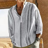 WIAOFELLAS  -  New Casual Beach Breathable Shirt Men Leisure Long Sleeve Buttoned Stripe Splicing Color Loose Tops Mens Cotton Linen Shirts