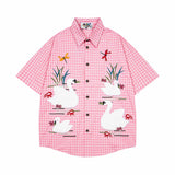WIAOFELLAS  -  Men Streetwear Retro Vintage Shirt Swan Applique Embroiderey Plaid Cotton Summer Casual Harajuku Shirt Short Sleeve Japanese Tee