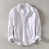 WIAOFELLAS  -  Cotton and linen top men's casual shirt Korean version slim fit solid color stand up collar pullover cotton and linen shirt men