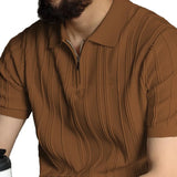 Wiaofellas  -  Summer Men's Knitted Polo Shirt Zipper Loose Short Sleeve Striped Vintage American Style Commute Casual Fashion T-Shirt