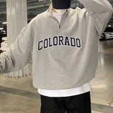 WIAOFELLAS  -  Men Trend American Vintage Letter Print Polo Collar Half Zipper Sweatshirt Casual Streetwear Y2K Long Sleeve Loose Pullover Tops