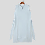Wiaofellas  -  Men's Irregular Shirt Solid V Neck Sleeveless Long Style Shirts For Man Streetwear Fashion Men Clothes With Belt