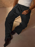 Wiaofellas  -  Men Italian Naples Style Striped High Waist Wide Leg Suit Pants Black Pleated Button Detail Light Business Formal Trousers
