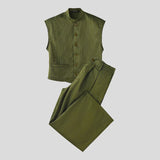 WIAOFELLAS  -  Men Striped Sets Stand Collar Sleeveless Vests & Pants Two Pieces Sets Streetwear Loose Fashion Men's Casual Suits S-5XL