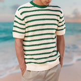 Wiaofellas  -  Vintage Holiday Style Striped Tees Pullover Men Clothing Casual Short Sleeve Knitted Shirts Fashion O-Neck T Shirt Tops