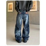Wiaofellas  -  Men Vintage Rhinestone Wide Leg Jeans Crackle Wash Glitter Diamond Denim Pants Loose Straight Baggy Trousers Hip Hop Long Pants
