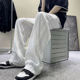 WIAOFELLAS  -  Summer Korean Fashion Simple Ice Silk Wide Leg Pants Men Solid Elastic Waist Pockets Thin High Street Loose Straight Trousers