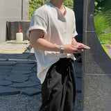 WIAOFELLAS  -  New Fashion American Style Men T-shirt Luxury Striped Knitted Henry Collar Tees Casual Solid Color Short Sleeve Breathable Tops