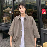 WIAOFELLAS  -  Trendy Men's Plaid Spliced Pocket Short Sleeve Loose Shirts Fashion Summer Lapel Single-breasted Blouses Male