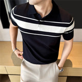 Wiaofellas  -  Ice Silk Cool Striped Knitted Polo Shirt for Men's Summer Collar Short Sleeved T-shirt Versatile Business Casual Social T-shirts