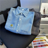 Wiaofellas  -  Bear Embroidery Denim Short Sleeve Shirt Men Summer Thin Loose Five Sleeve Casual Shirt American Cool Leisure Outerwear