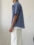 Wiaofellas  -  Trendy Mens Short Sleeve Shirt Tops Spring Summer Vintage Plaid Printing Shirts Men Casual Button-up Turn-down Collar Shirt