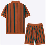 Wiaofellas  -  Men 2 Piece Striped Knitted Shirts Set Summer Casual Short Sleeve Cardigan+Shorts Sets Streetwear Fashion Outfit for Beach Wear