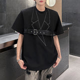 WIAOFELLAS  -  Niche Design Men's T-shirts Round Collar Belt Decoration Contrast Color Short Sleeved Shoulder Pads Loose Male Tops
