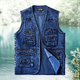 WIAOFELLAS  -  Men Vest Denim Waistcoat Jacket Deep Blue Male Sleeveless Coat Spring Autumn Multi-Pocket Jeans Gilet Outwear New Chalecos
