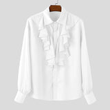 WIAOFELLAS  -  Men Shirt Solid Color Ruffle Lapel Long Sleeve Casual Men Clothing Loose Elegant Streetwear Fashion Male Shirts