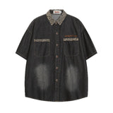 WIAOFELLAS  -  Loose Bf American College Style Short Sleeve Leopard Print Splicing Denim Shirt Summer New Arrival for Men And Women