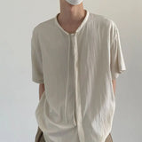 WIAOFELLAS  -  Shirts for Men Summer New High-end Advanced Designed Loose Niche Japanese Retro Style Solid Collarless Short-sleeved Shirt