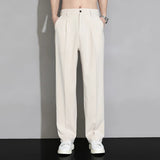 Wiaofellas  -  Men's Beige Suit Straight Leg Trousers Summer Lightweight Drapey Fabric Business Formal Breathe Casual Loose Trousers