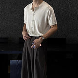 WIAOFELLAS  -  Men's Solid Color Knitted Cardigan Short-Sleeved Shirt American Retro Fashion Trend Street Loose Breathable Niche Men's Tops